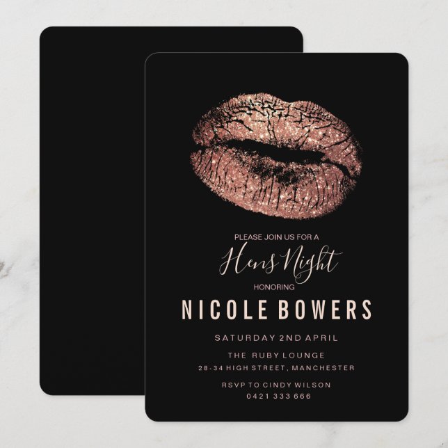Convite para Lábios Dourados de Rosa de Hens Noite (Frente/Verso)