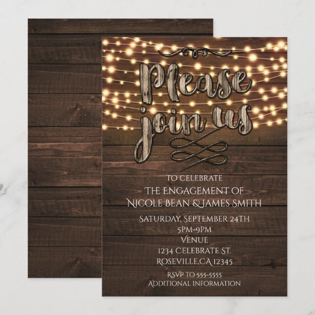 Convite Para Luzes Elegantes Rústicas De Madeira (Frente/Verso)