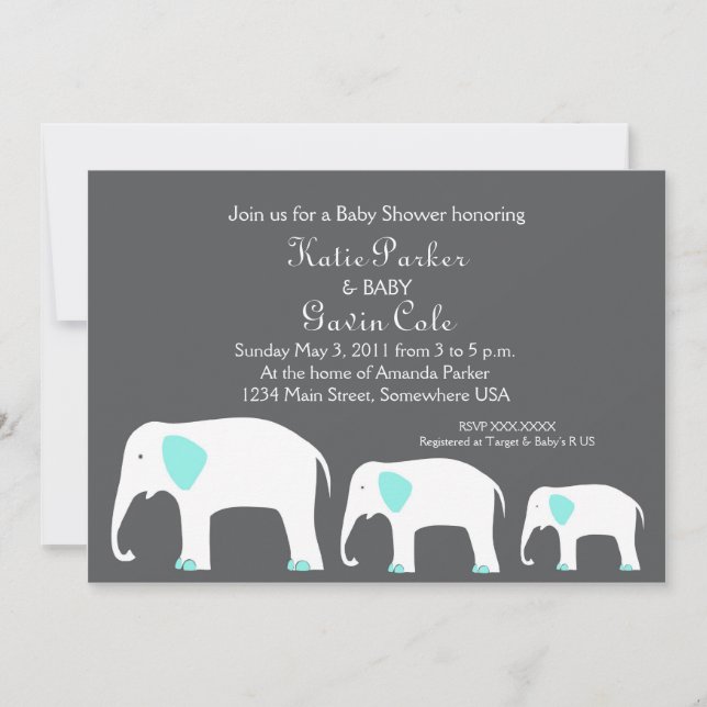 Convite para Mãe e Cinza Azul e Elefante de Bebê (Frente)