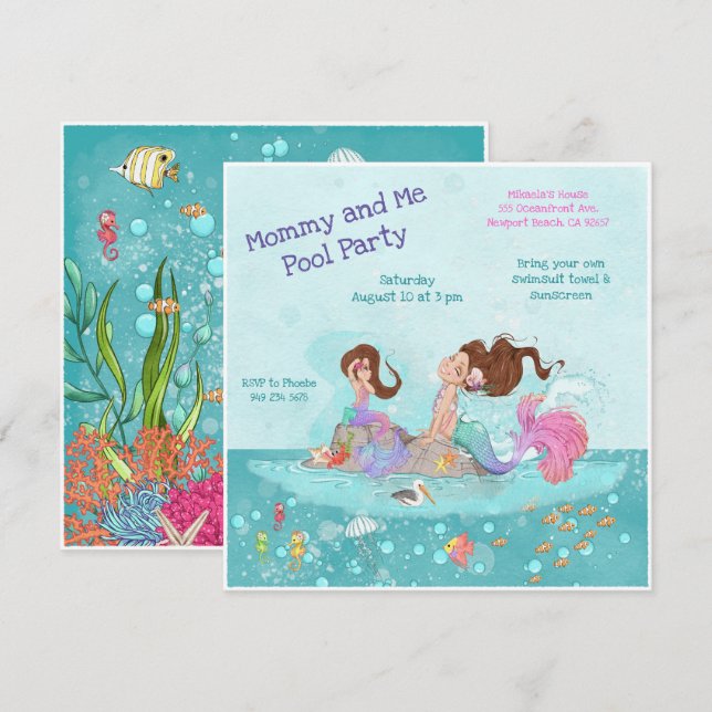 Convite para mamães e Piscinas Girly Brunette Sere (Frente/Verso)