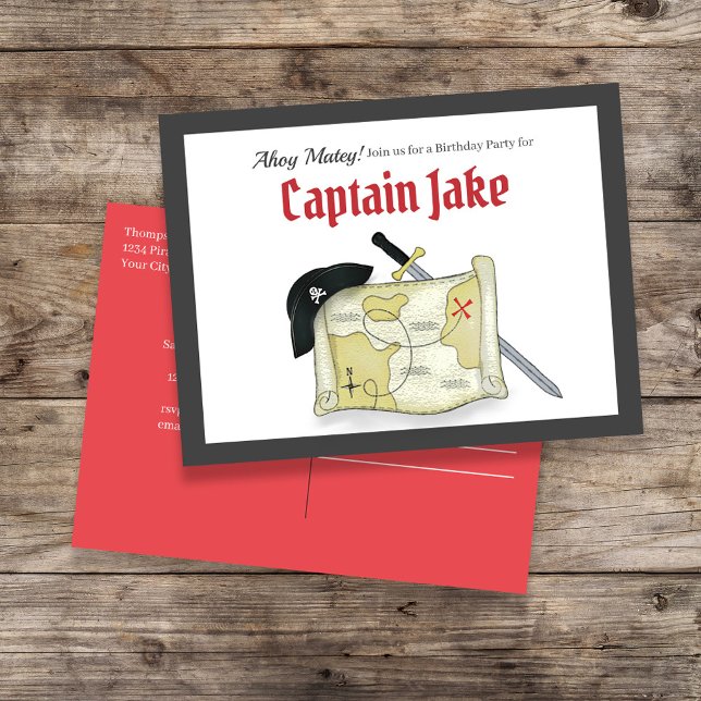 Convite para Mapa do Tesouro Pirata do aniversário (Kid's Birthday Party Invitation with Cute Pirate theme. )