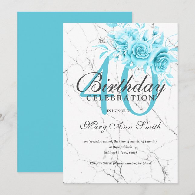 Convite para Marble do Partido Teal Floral anivers (Frente/Verso)