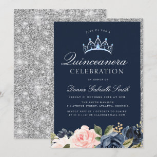 Convite para Marinho floral e quinceanera prateada