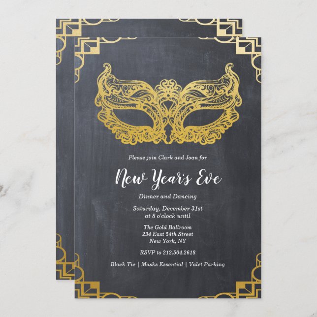 Convite para Máscara Dourada de Feriado de Ano Nov (Frente/Verso)