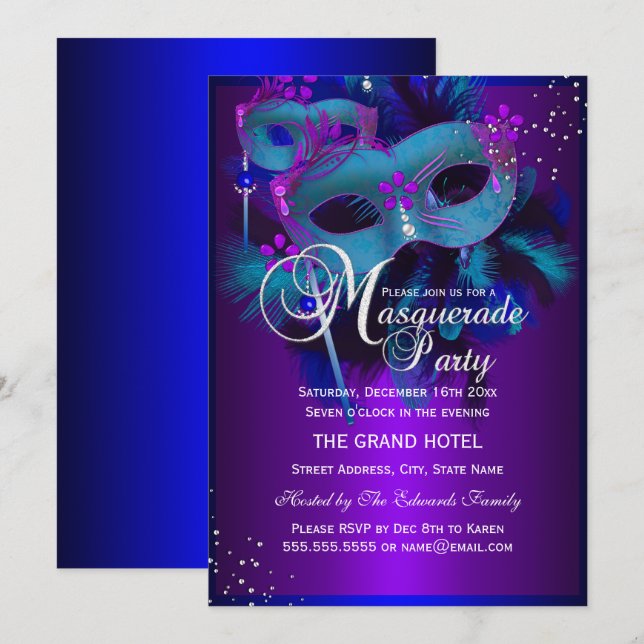 Convite para Mascarada de Máscaras Teal & Purple (Frente/Verso)