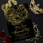 Convite para Mascarada de Quinceanera Dourada Pret<br><div class="desc">Convite para Mascarada de Quinceanera Dourada Preta</div>