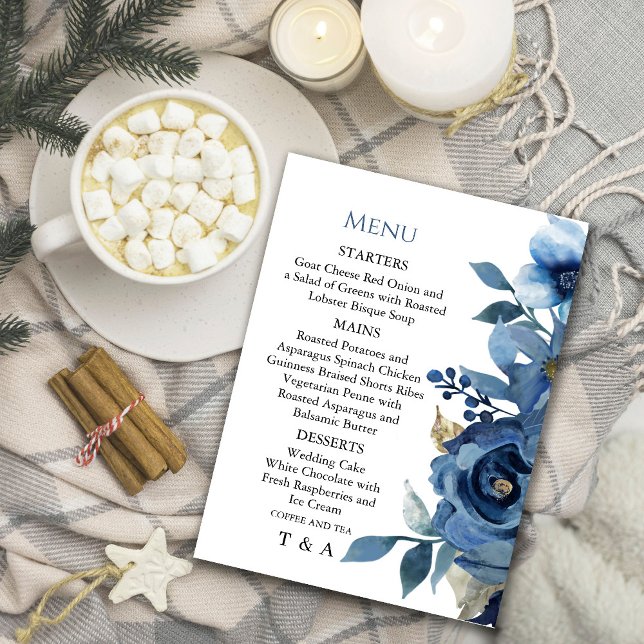 Convite para Menu Floral de Inverno Azul-Gelo Eleg (Elegant Ice Blue Winter Floral Menu  #navyblue #winterinvitation #blueandgold )