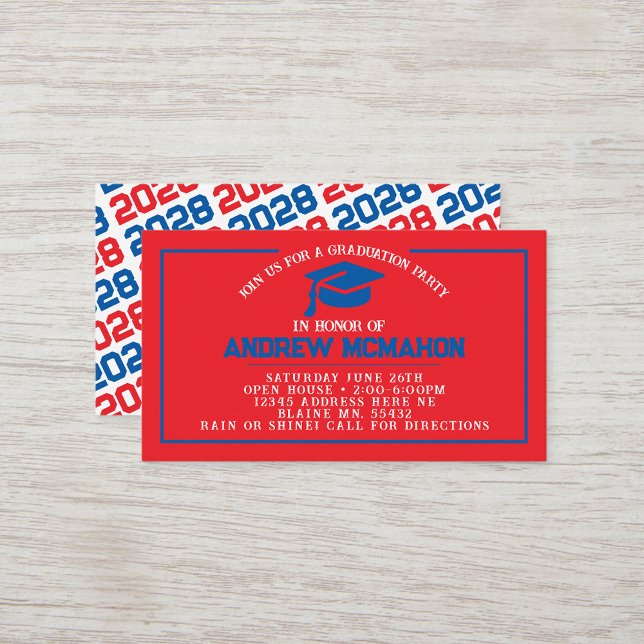 Convite para Mini Graduação de Graduação Vermelha  (Red and Blue Mini Graduation Invites for Friends, Team Mates or as Inserts!)