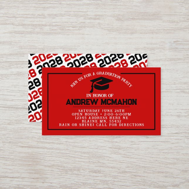 Convite para Mini Graduação de Graduação Vermelha  (Red & Black Mini Graduation Invitations for friends, classmates, teammates or announcement inserts)