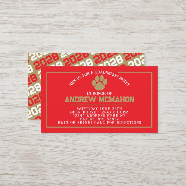 Convite para Mini Graduação Pawprint Vermelho e Do (Red and Gold Paw Mini Graduation Invites for Friends, Team Mates or as Inserts)
