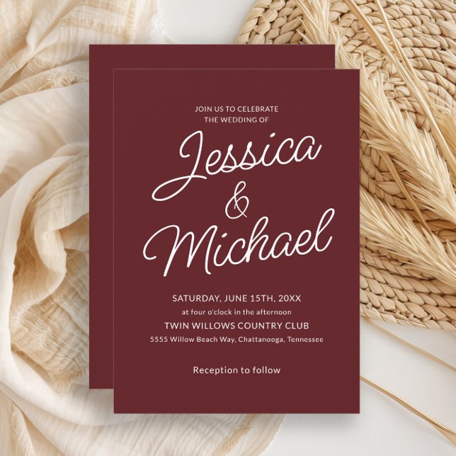 Convite para Na moda Moderno de Script Vermelho Ca (Burgundy wedding invitation)