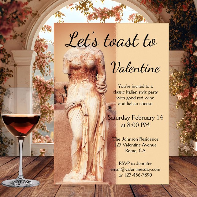 Convite para Namorados de Deusa do Amor Italiano C (Romantic classic Italian style Valentine's Day party invitation featuring an elegant Roman statue)