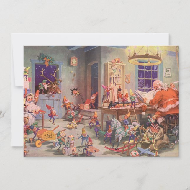 Convite para natais vintages Papai Noel e Elves (Frente)