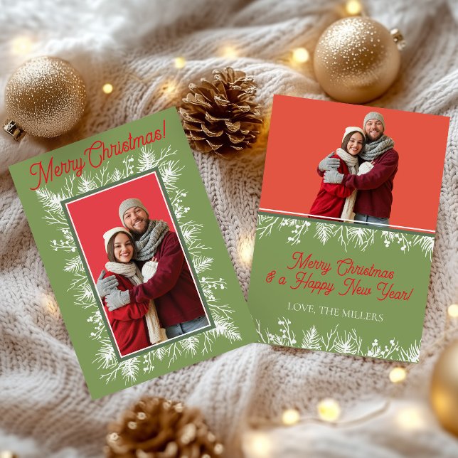 Convite para Natal de Foto Verde Moderno (Modern Red, White, and Green 2 Photo Evergreen Flat Christmas Card)