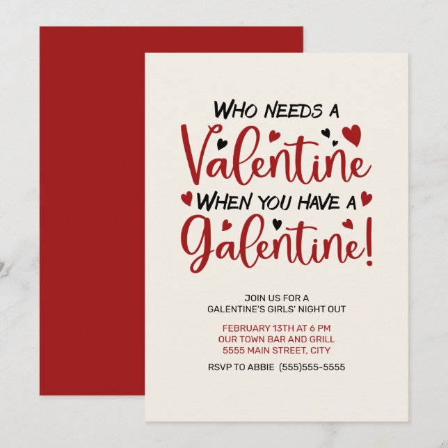 Convite para Noite das Meninas do Dia de Galentine (Frente/Verso)
