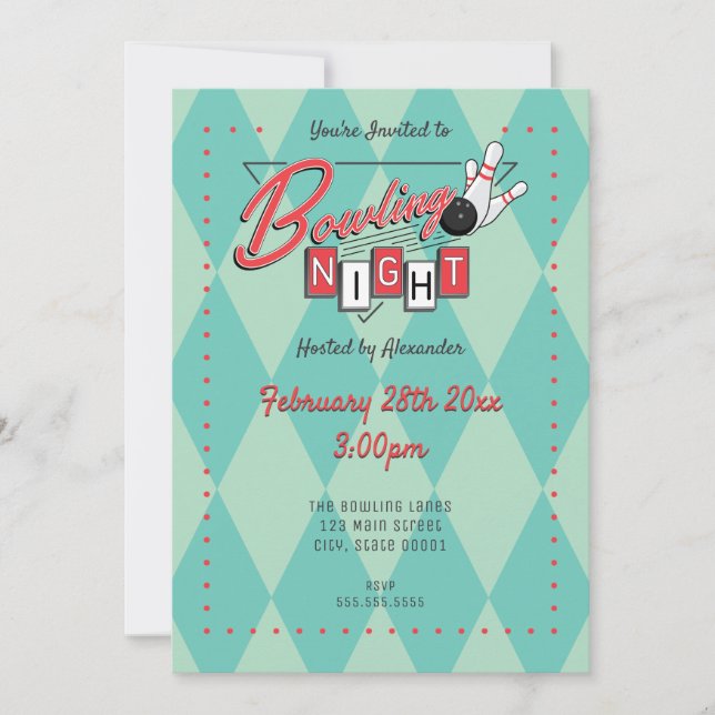 Convite para Noite de Boliche com Logo Retro (Frente)