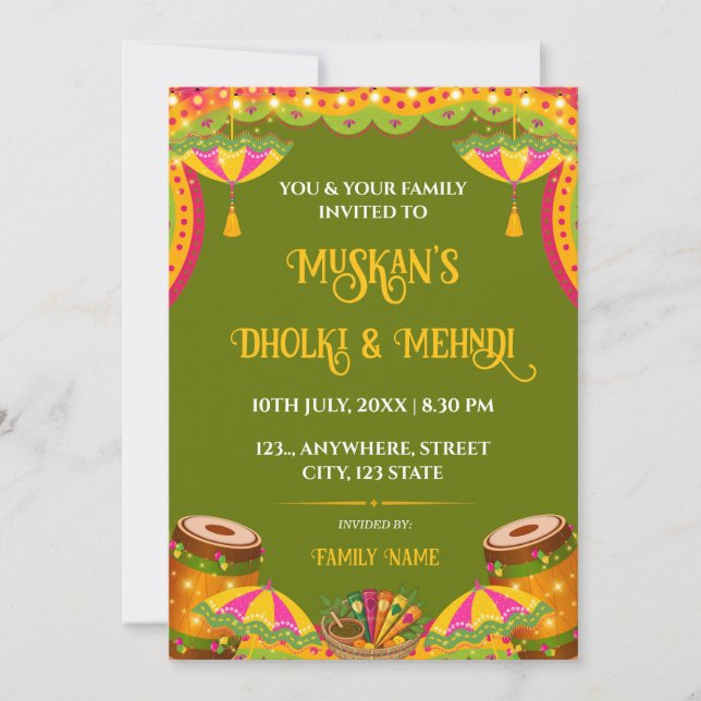 Convite para Noite de Dholki e Mehndi Verde Festiv (Frente)