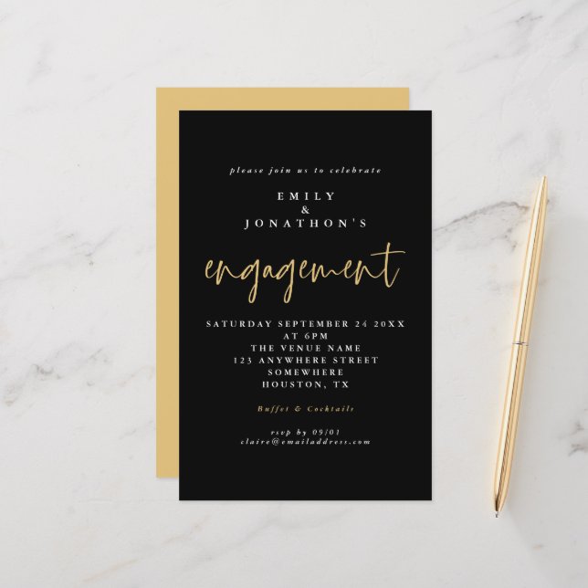 Convite para Noivado de Script Dourado Preto Simpl (Frente/Verso In Situ)