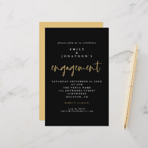 Convite para Noivado de Script Dourado Preto Simpl