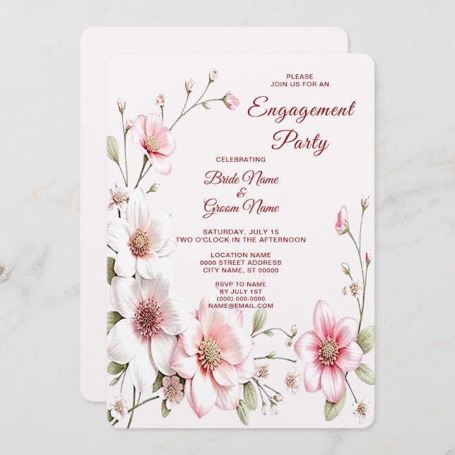 Convite para Noivado Floral Branco Elegante (Frente/Verso)