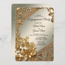 Convite para Noivado Floral de Ornamentado Dourado