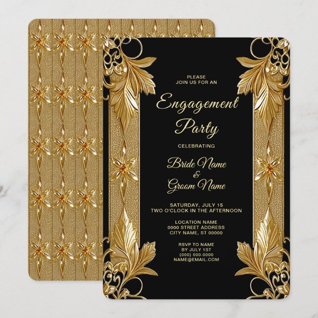 Convite para Noivado Floral do Ornamentado Negro D (Frente/Verso)