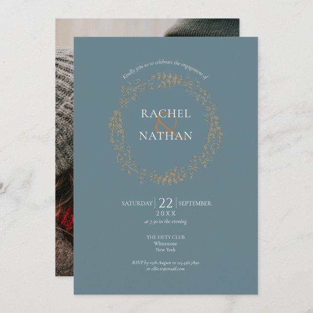 Convite para Noivado Floral Garland Dourada Elegan (Frente/Verso)