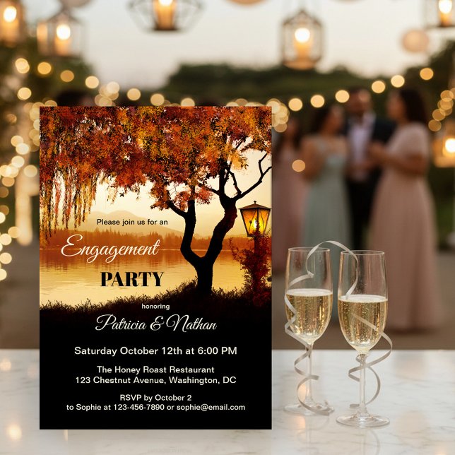 Convite para Noivados do Modo de Exibição do Lago  (Engagement invitation featuring a colorful autumn tree and festive lantern overlooking a lake)