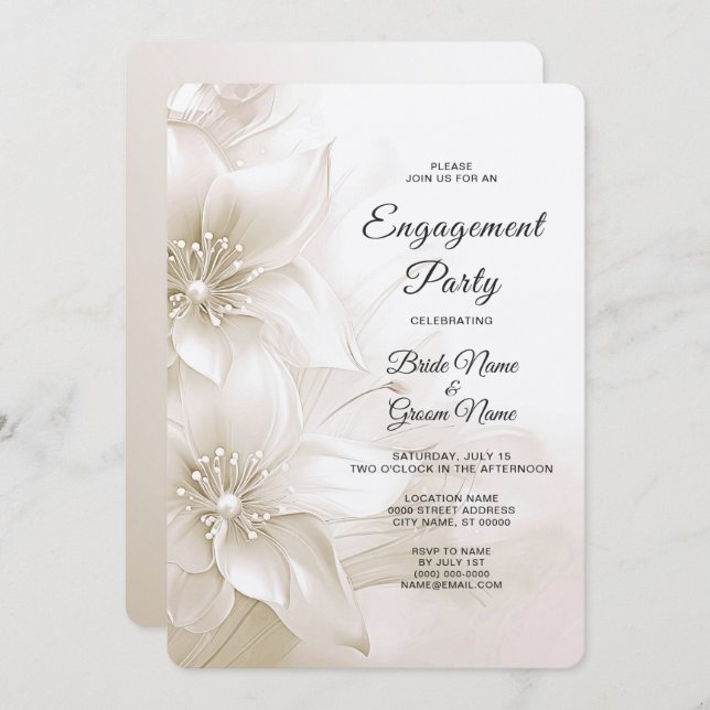 Convite para Noivados Elegante das Flores Brancas  (Frente/Verso)