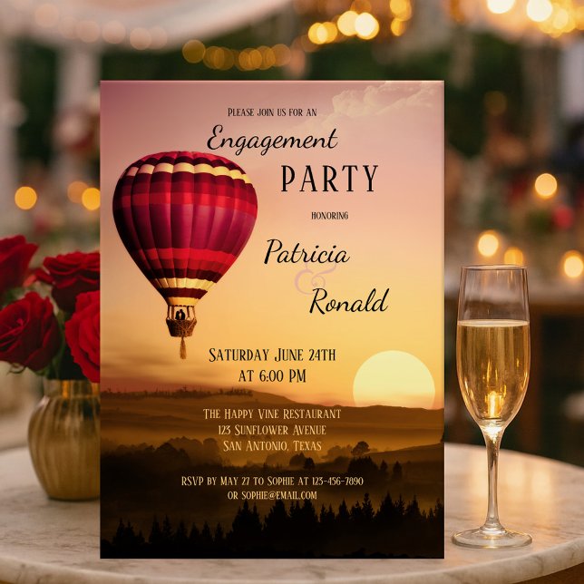 Convite para Noivados Sunset de Balão de Ar Quente (Romantic engagement party invitation featuring a hot air balloon over a dreamy landscape at sunset. )