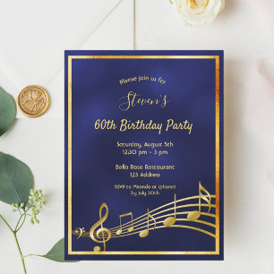Convite para notas de música de ouro azul de 60 an