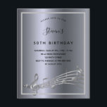 Convite para notas de prata de aniversário de orça<br><div class="desc">Um convite de aniversário moderno da 50ª (ou qualquer idade). Um fundo metálico de aparência escura e falsa prateada,  com um quadro e notas musicais,  letras negras coloridas. Personalize e adicione um nome e informações da parte.</div>