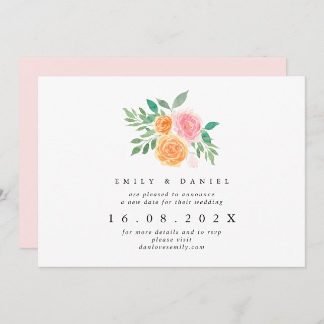 Convite para Nova Data de Casamento Floral Laranja (Frente/Verso)