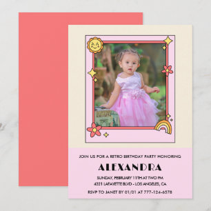 Convite para o 4º aniversário Retro Groovy Pink Fl
