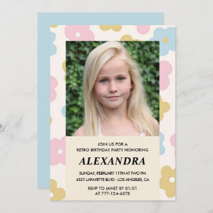 Convite para o 9º aniversário Flores Retro Groovy 