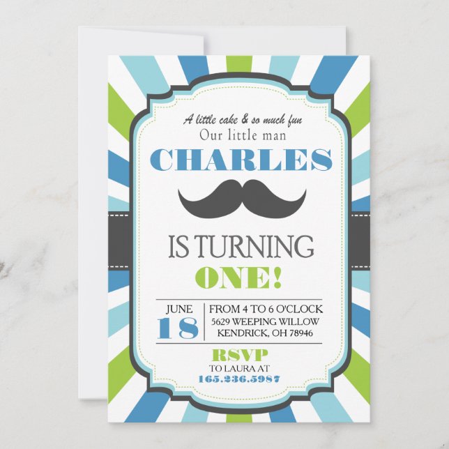 Convite para o aniversário azul de Mustache Bash (Frente)
