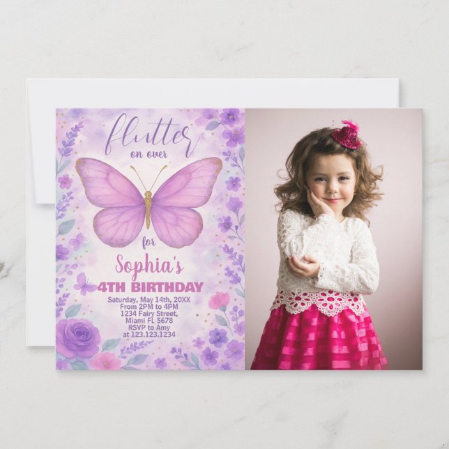 Convite para o aniversário da borboleta roxa (Frente)