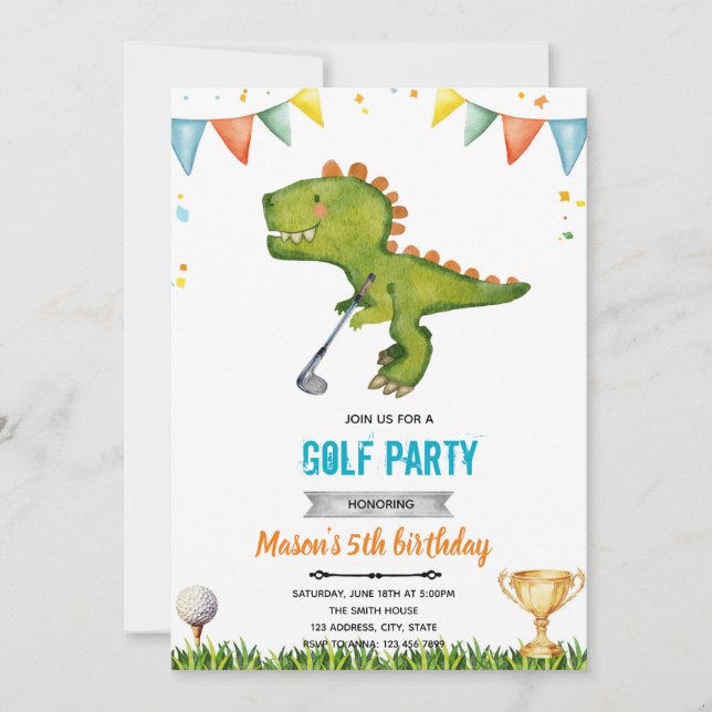 Convite para o aniversário de golfe do Dinossaur (Frente)