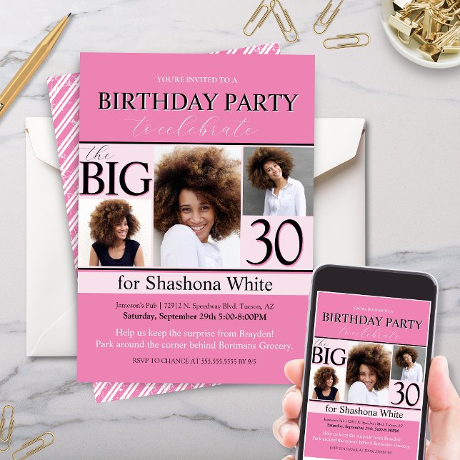 Convite para o Aniversário do 3 Fotografias a Pret (hot pink black and white theme photo collage birthday party invitation for adults or kids with age)