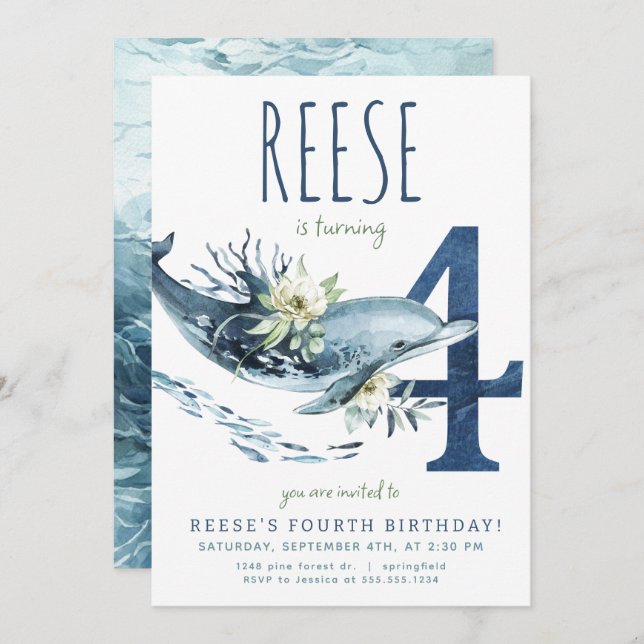 Convite para o aniversário do golfinho (Frente/Verso)