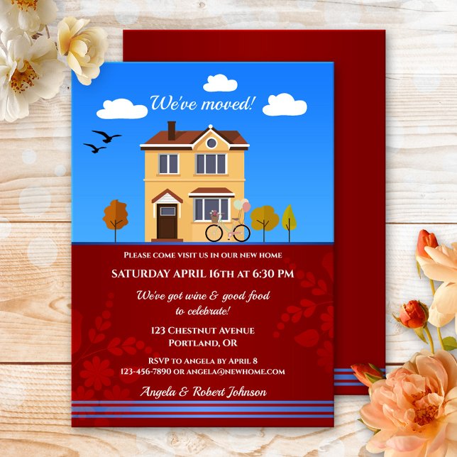 Convite para o aquecimento doméstico desanexado (Housewarming party invitation featuring a cartoon design of a detached house and bike with balloons)