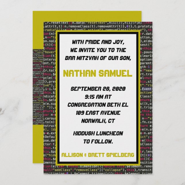 Convite para o Bar Mitzvah do Coder's Party (Frente/Verso)