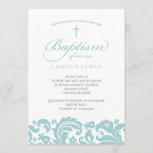 Convite para o Batismo Teal Damask