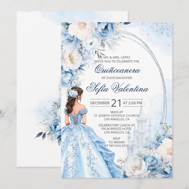 Convite para o bebê azul Elegante Quinceañera (Frente/Verso)