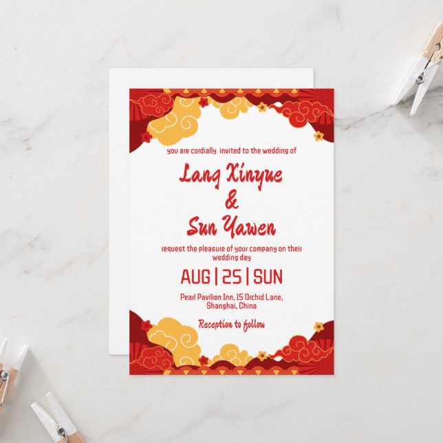 convite para o casamento chinês de ouro moderno (Frente/Verso In Situ)