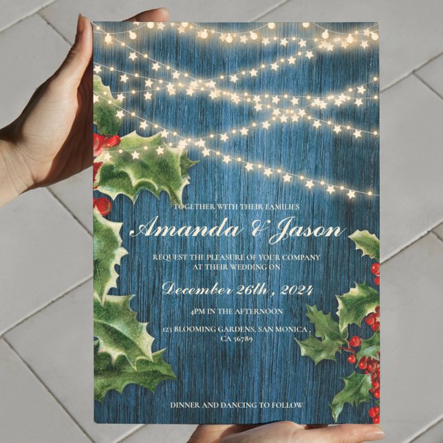 Convite para o casamento de Blue Wood Light Berry  (Blue Wood Light Berry Christmas wedding Invitation)
