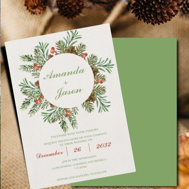 Convite para o casamento do Red Berries Pine Cone (Red Berries Pine Cone Christmas wedding Invitation)
