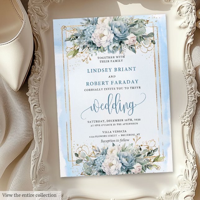 Convite para o casamento floral branco azul-poeire (Luxury dusty blue white floral wedding invitation

)