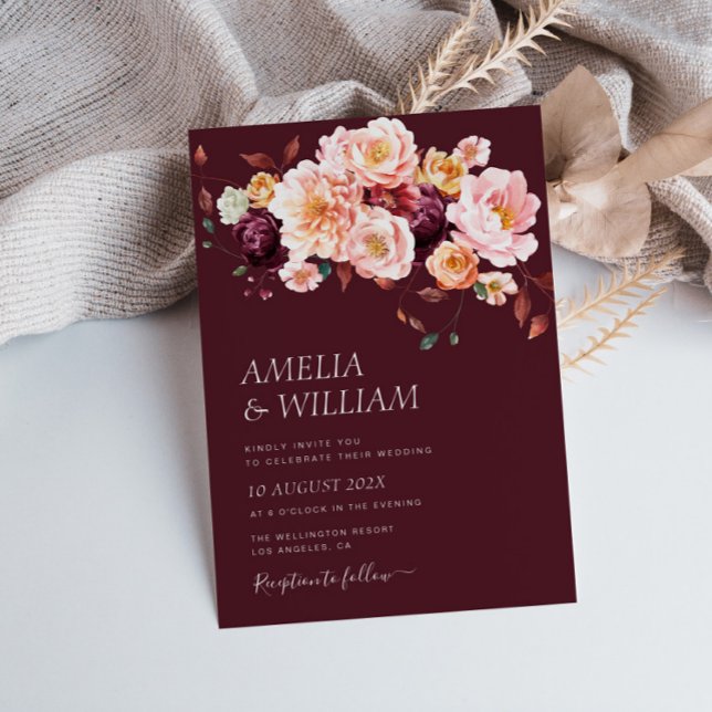 convite para o casamento floral burgundy (Criador carregado)