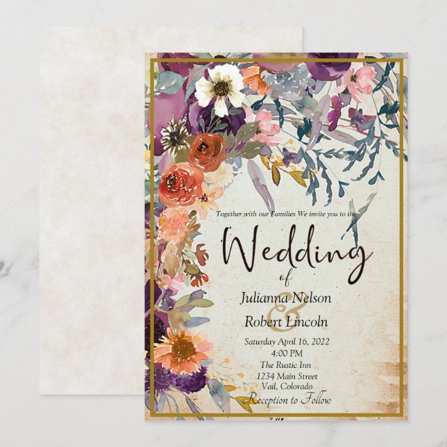 Convite para o casamento floral com cores flutuant (Frente/Verso)